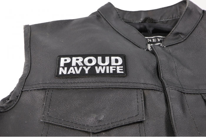 Proud Navy Wife Patch - 4x1.5 inch shown on leather vest