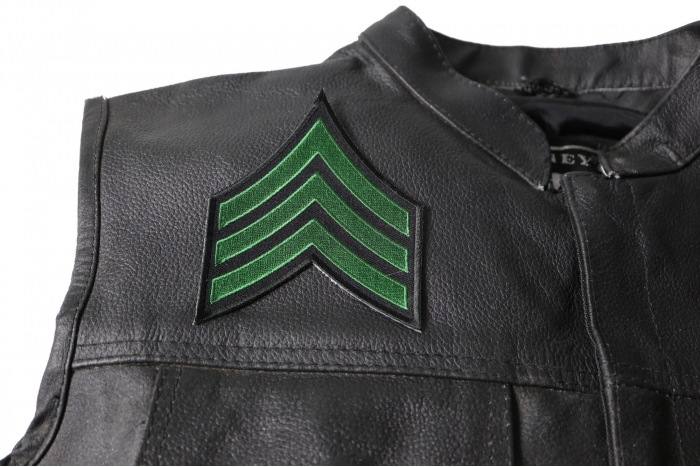 Sergeant Chevron Green Black Patch - Iron on Patch - 3.5x4.6 inch shown on leather vest