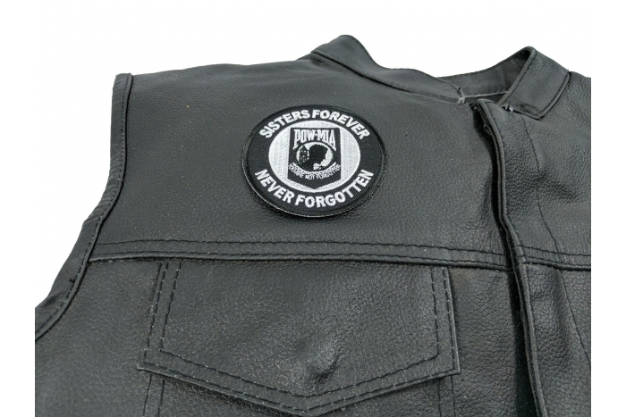 Sisters Forever POW MIA Patch - 3 inch. Embroidered Iron on Patch shown on leather vest