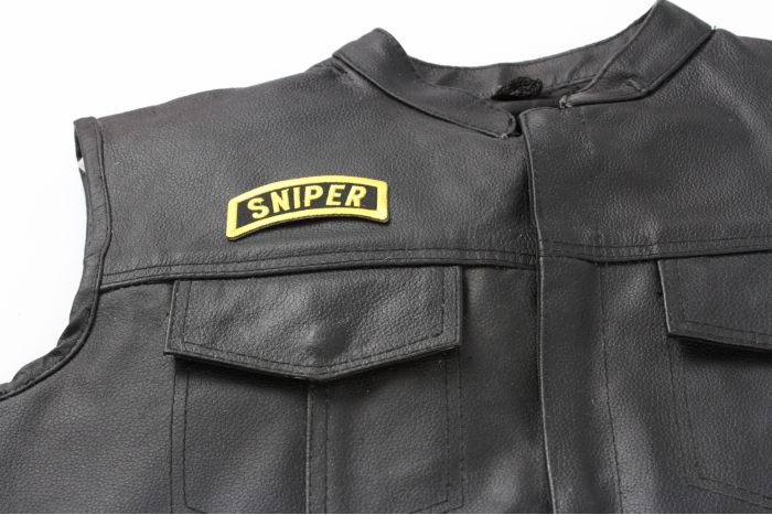Sniper Rocker Patch - 3x1.5 inch shown on leather vest