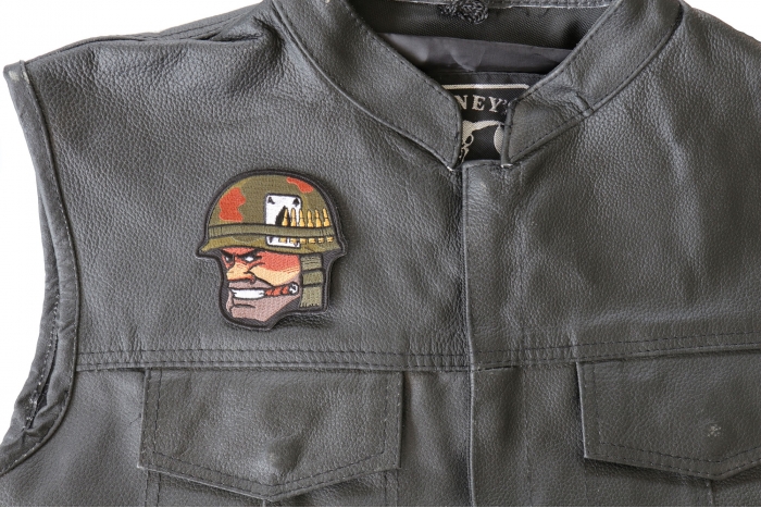Soldier Cigar Ace of Spades Bullets and Helmet Patch - 3x3.3 inch. Embroidered Iron on Patch shown on leather vest
