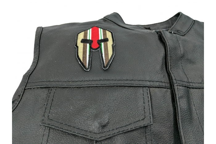Spartan Helmet Iraq War Vet Ribbon Patch - 2.5x4 inch. Embroidered Iron on Patch shown on leather vest