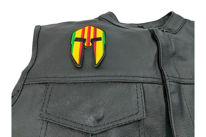 Spartan Helmet Vietnam Vet Patch - 2.5x4 inch. Embroidered Iron on Patch shown on leather vest