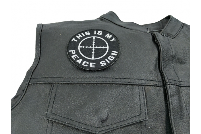 This Is My Peace Sign Patch - 3.5x3.5 inch. Embroidered Iron on Patch shown on leather vest