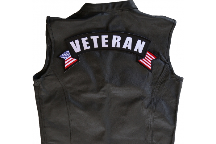 Veteran Patch, US Flag Large Rocker Patch shown on leather vest