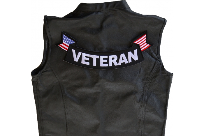 Veteran Patch, US Flag Large Rocker Patch shown on leather vest