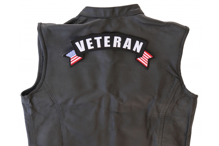 Veteran Patch, US Flag Large Rocker Patch shown on leather vest
