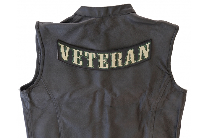 Veteran Patch, Large Rocker Patches shown on leather vest