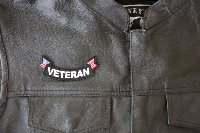 Veteran Back Patch with American Flag, Military Vet Patches shown on leather vest