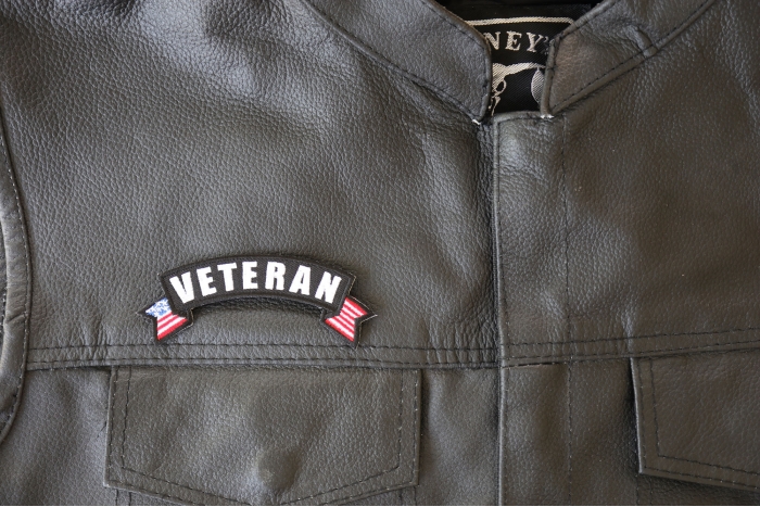 Upper Back Veteran Patch with American Flags, Military Vet Patches shown on leather vest