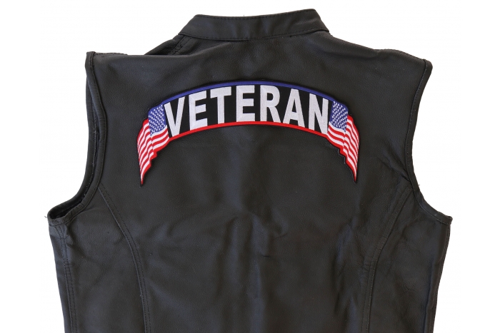 Veteran Patch, US Flag Large Rocker Patch shown on leather vest