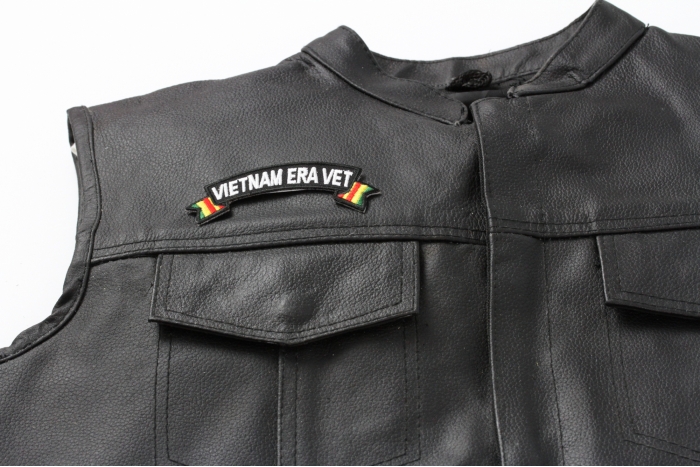 Vietnam Era Vet Patch - 4x1.5 inch. Embroidered Iron on Patch shown on leather vest