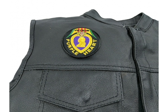 Vietnam Purple Heart Patch - 3x3 inch. Embroidered Iron on Patch shown on leather vest
