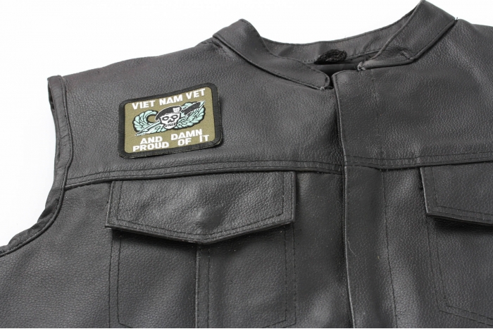 Vietnam Vet and Damn Proud Of It Patch, Skull Patches shown on leather vest