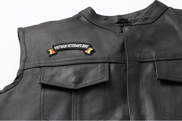 Vietnam Veteran's Wife Patch, Military Vet Patches shown on leather vest