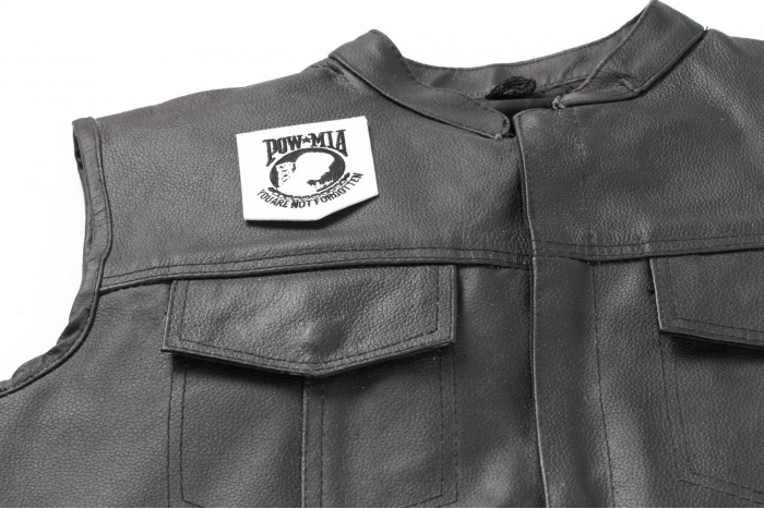 White POW MIA Patch - 2.5x3 inch. Embroidered Iron on Patch shown on leather vest