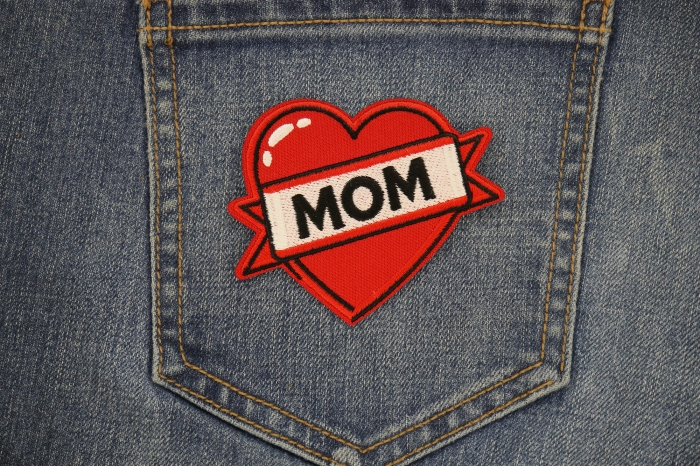 Love Mom Patch shown on jeans