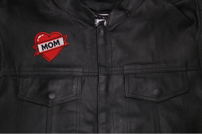 Love Mom Patch shown on leather vest