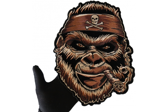 Large Gorilla Smoking Cigar Patch, Large Animal Patches for Jackets shown on hand for size comparison