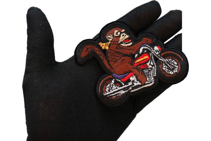 Monkey Biker Patch, Biker Vest Patches, Sew or Iron on Patch shown on hand for size comparison