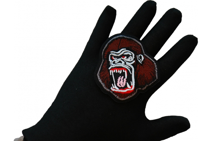 Vicious Ape Iron on Patch shown on hand for size comparison