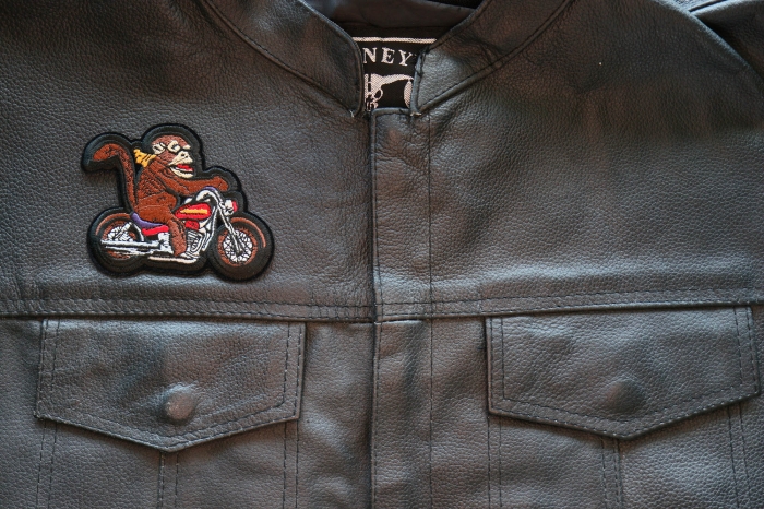 Monkey Biker Patch, Biker Vest Patches, Sew or Iron on Patch shown on leather vest