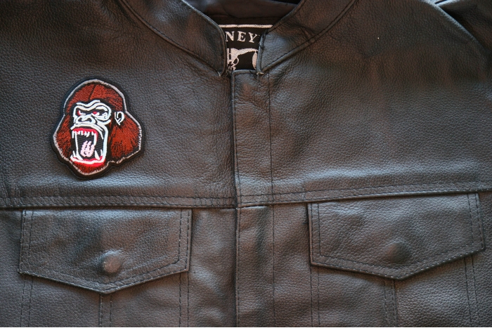 Vicious Ape Iron on Patch shown on leather vest
