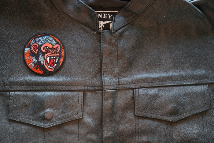 Vicious Chimp Iron on Patch shown on leather vest