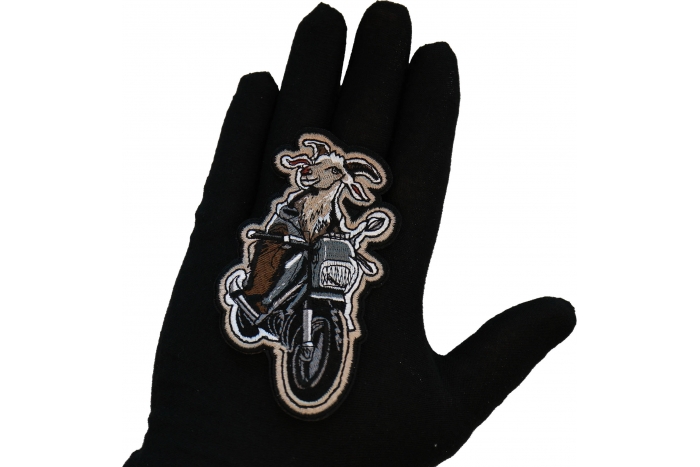 Goat on Bike Patch, Biker Vest Patches, Sew or Iron on Patch shown on hand for size comparison