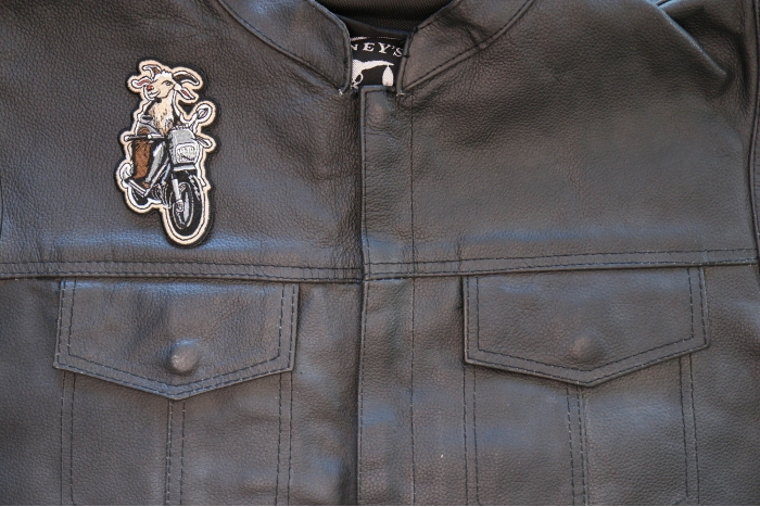 Goat on Bike Patch, Biker Vest Patches, Sew or Iron on Patch shown on leather vest