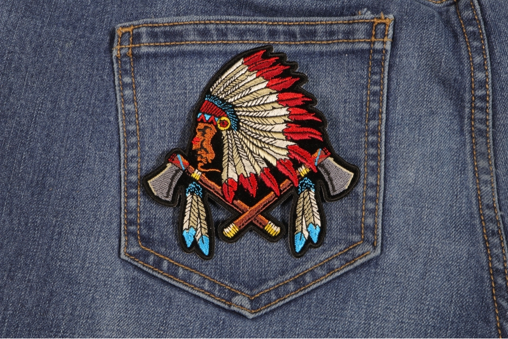 Small Indian Patch With Battle Axes and Feathers Native American