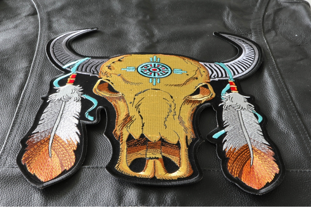 Large Buffalo Skull and Feathers Back Patch | Native American Indian ...