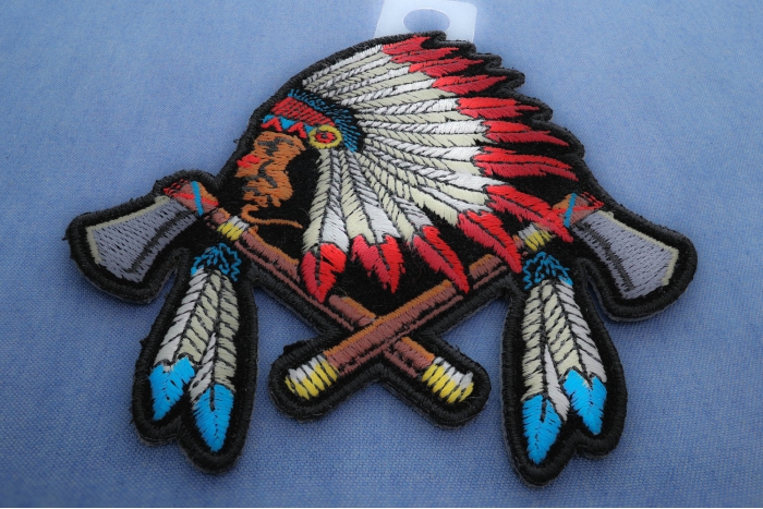 Small Indian Patch With Battle Axes and Feathers diagonal view