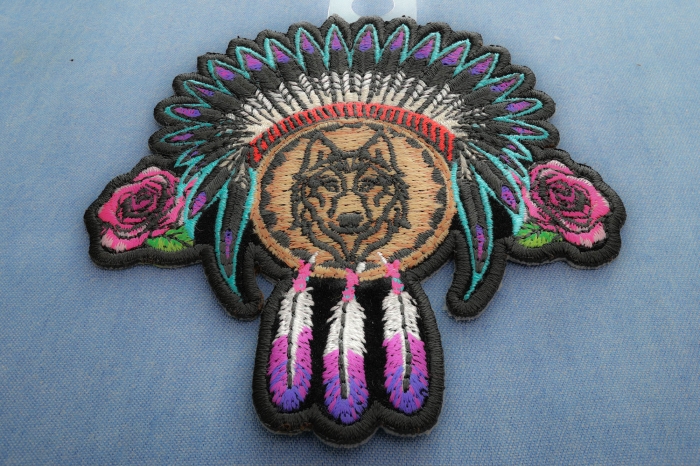 Ladies Native Head Dress Roses and Wolf Patch diagonal view