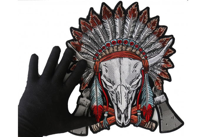 Steer Skull Feathers and Axes Patch, Large Indian Patches shown on hand for size comparison