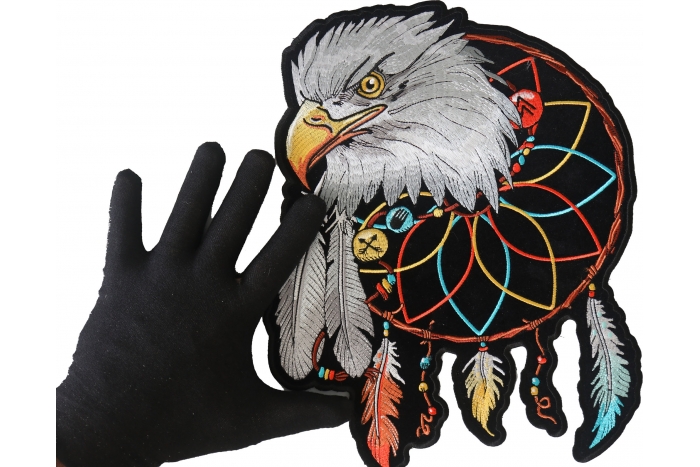 Eagle and Feathers in Dream Catcher Patch, Large Eagle Patches for Jackets shown on hand for size comparison