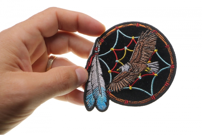 Eagle Dreamcatcher Small Patch shown on hand for size comparison