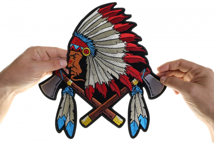 Indian Axes and Feathers Patch, Large Indian Patches shown on hand for size comparison