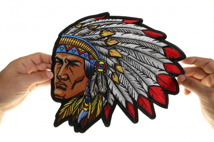 Indian Chief Patch, Large Indian Patches shown on hand for size comparison