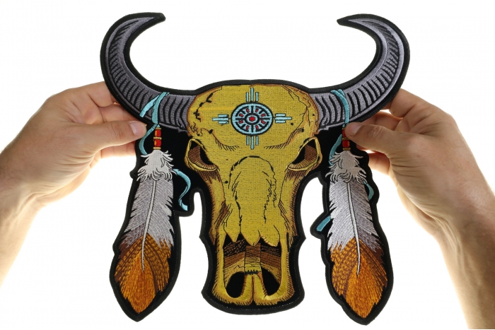 Buffalo and Feathers Patch, Large Animal Patches for Jackets shown on hand for size comparison