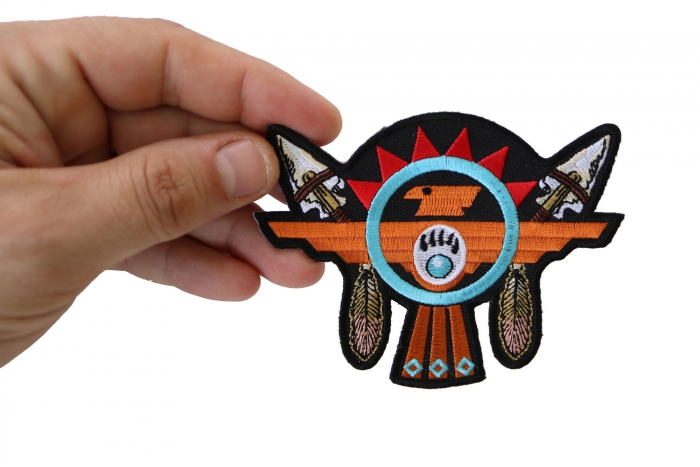 Native American Thunderbird Arrows Patch shown on hand for size comparison