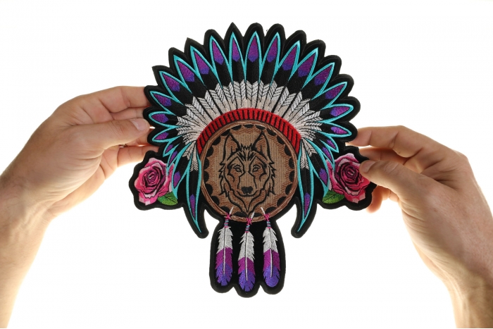 Wolf Roses and Feathers Patch, Large Ladies Back Patches for Jackets shown on hand for size comparison