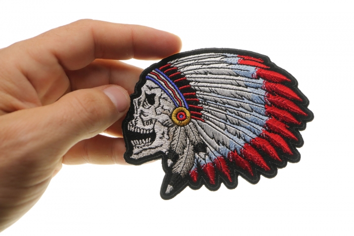 Indian Headdress Skull Patch, Biker Skull Patches shown on hand for size comparison