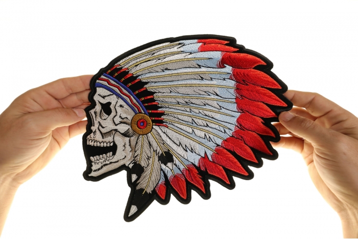 Indian Skull Patch, Large Skull Patches for Biker Jackets shown on hand for size comparison