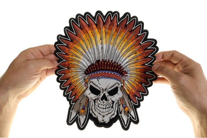 Indian Skull and Feathers Patch, Large Skull Patches for Biker Jackets shown on hand for size comparison