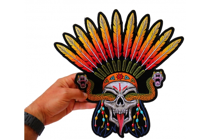 Snake Eye Skull with Feather Hat Patch, Large Indian Patches shown on hand for size comparison