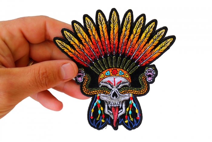 Snake Eye Skull and Feathers Patch, Biker Skull Patches shown on hand for size comparison