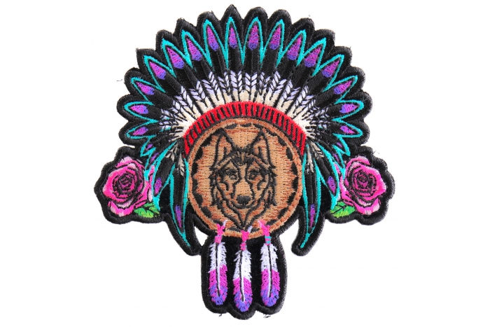 Ladies Native Head Dress Roses and Wolf Patch