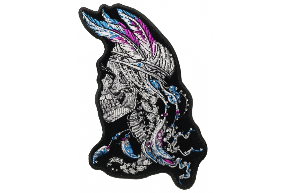 Braided Hair Skull with Purple and Blue Feathers and Rhinestone Crystals Patch