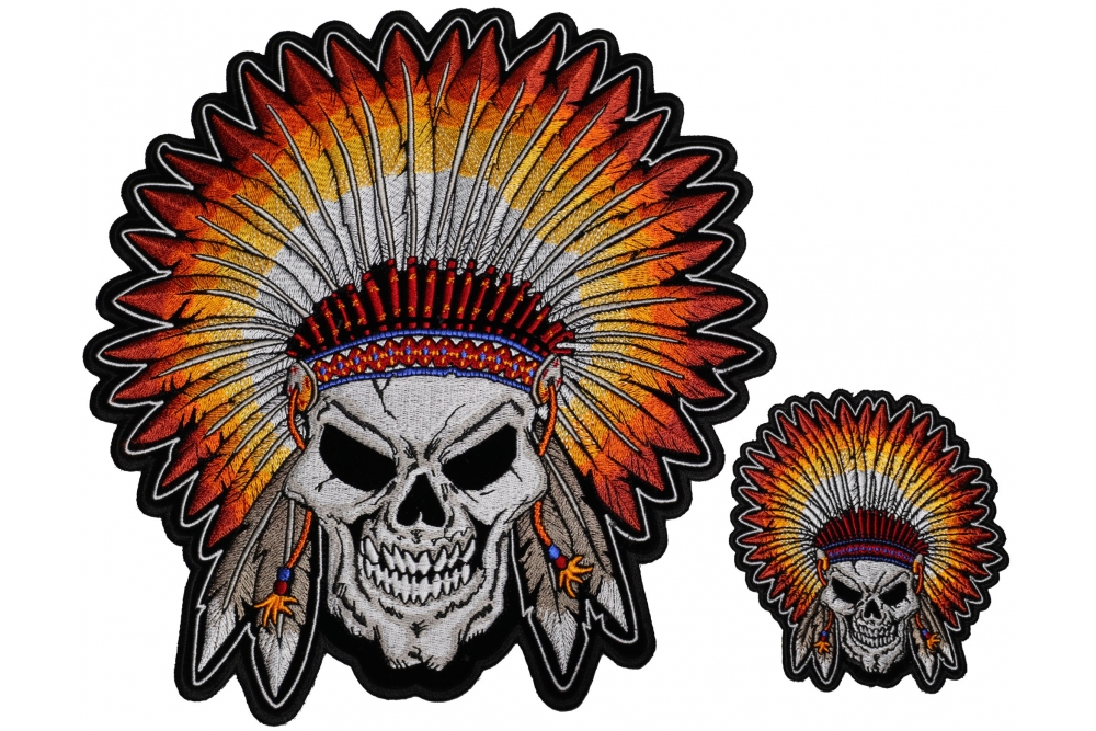 Native Indian Head Dress Skull 2 Piece Front and Back Embroidered Patch Set